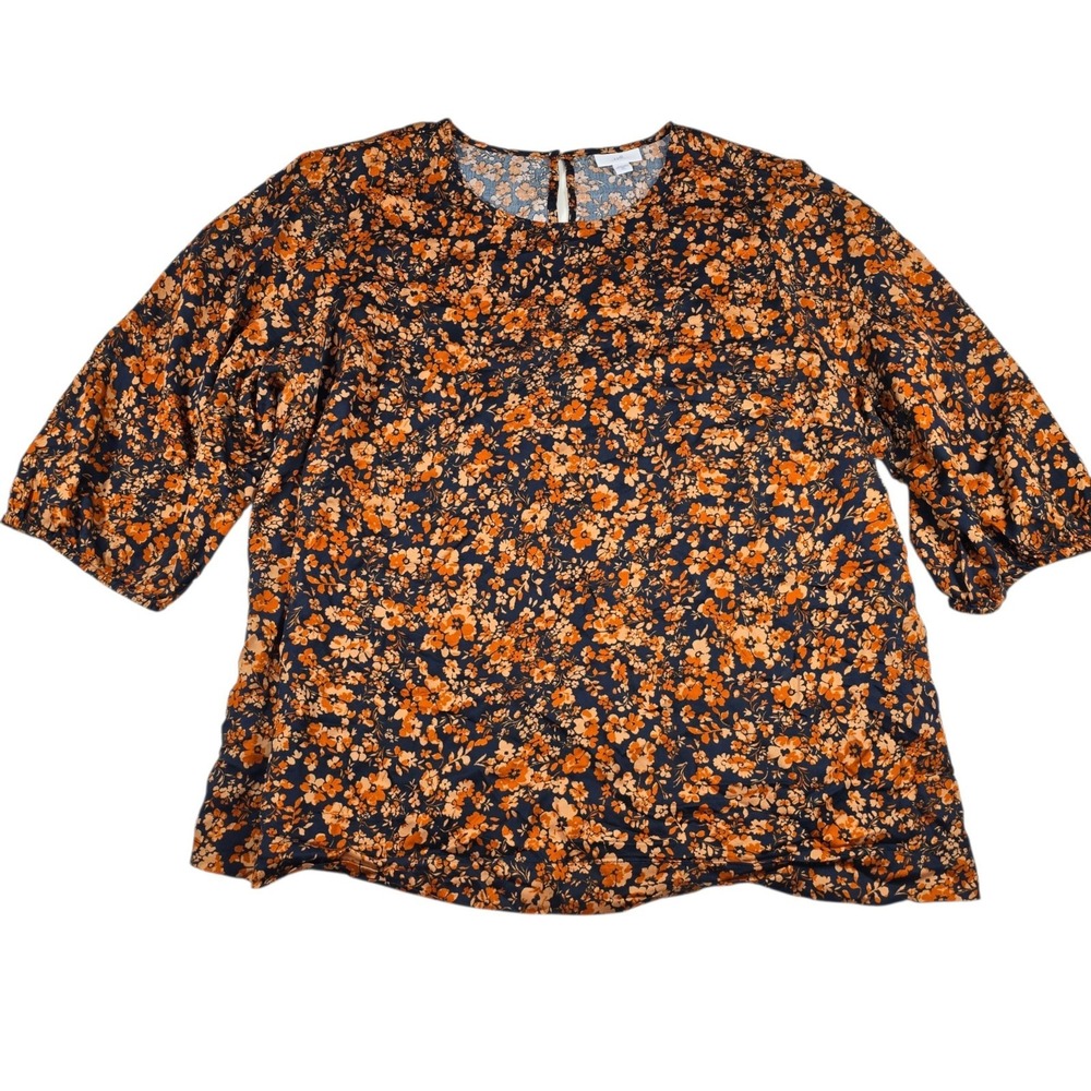 J. Jill Fall Floral Blue Orange Print Tencel Puff Sleeve Top Women's Sz XL Tall